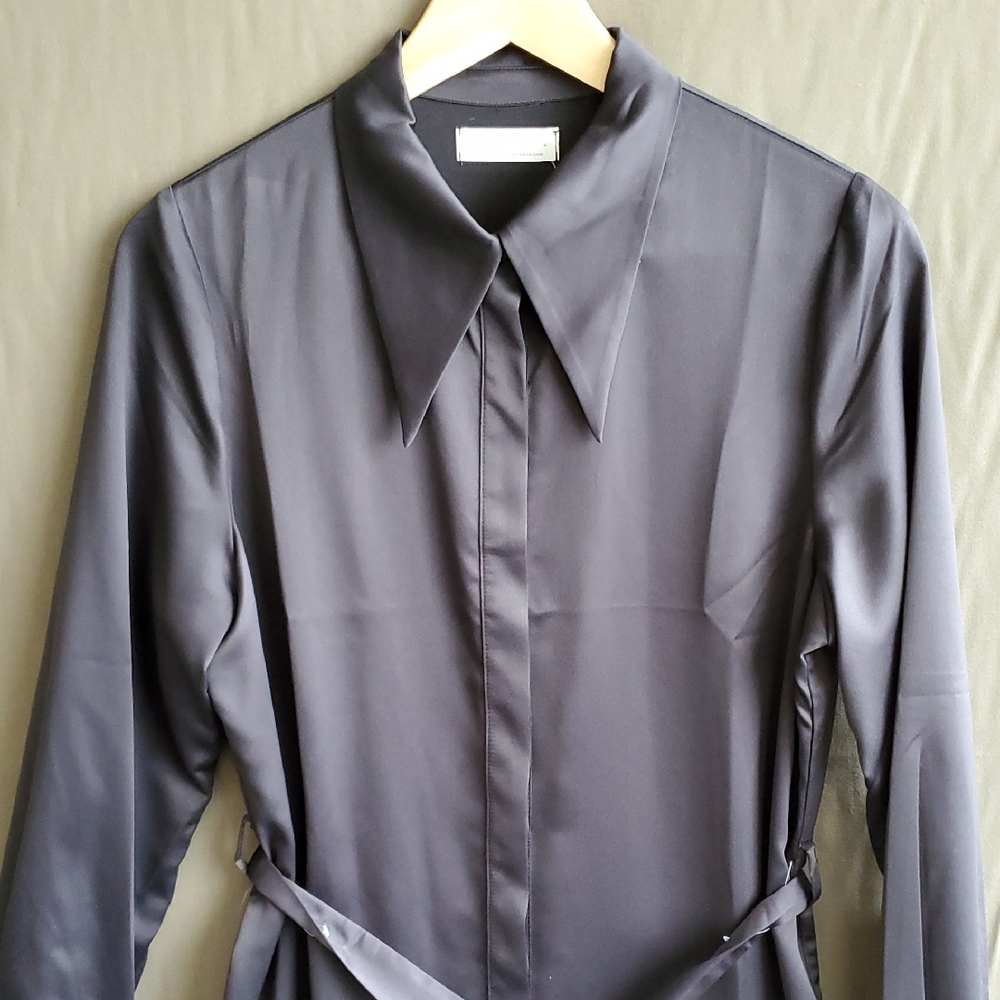 OAK+FORT Shirt Dress Soft Sheen Satin Black Pointy Collar S